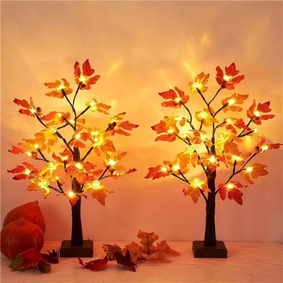 [ 2 Pack & Timer ]24 Inch Artificial Fall Lighted Maple Tree Decor, l 48 LED - Picture 5 of 7